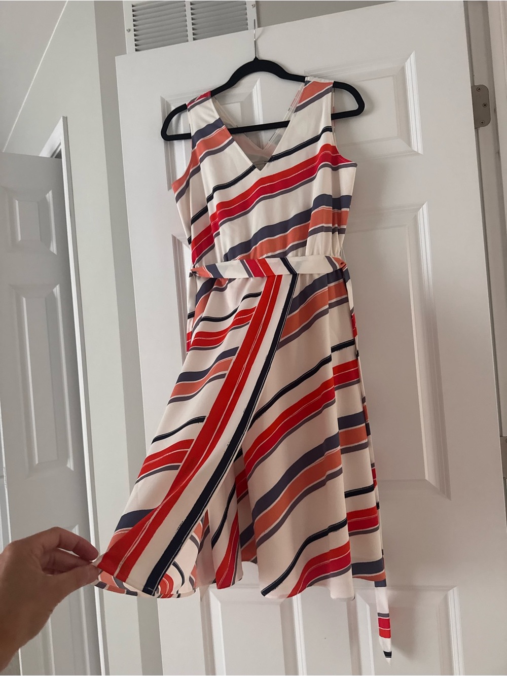 Halogen Cream Dress with Red, Navy & Tan Stripes